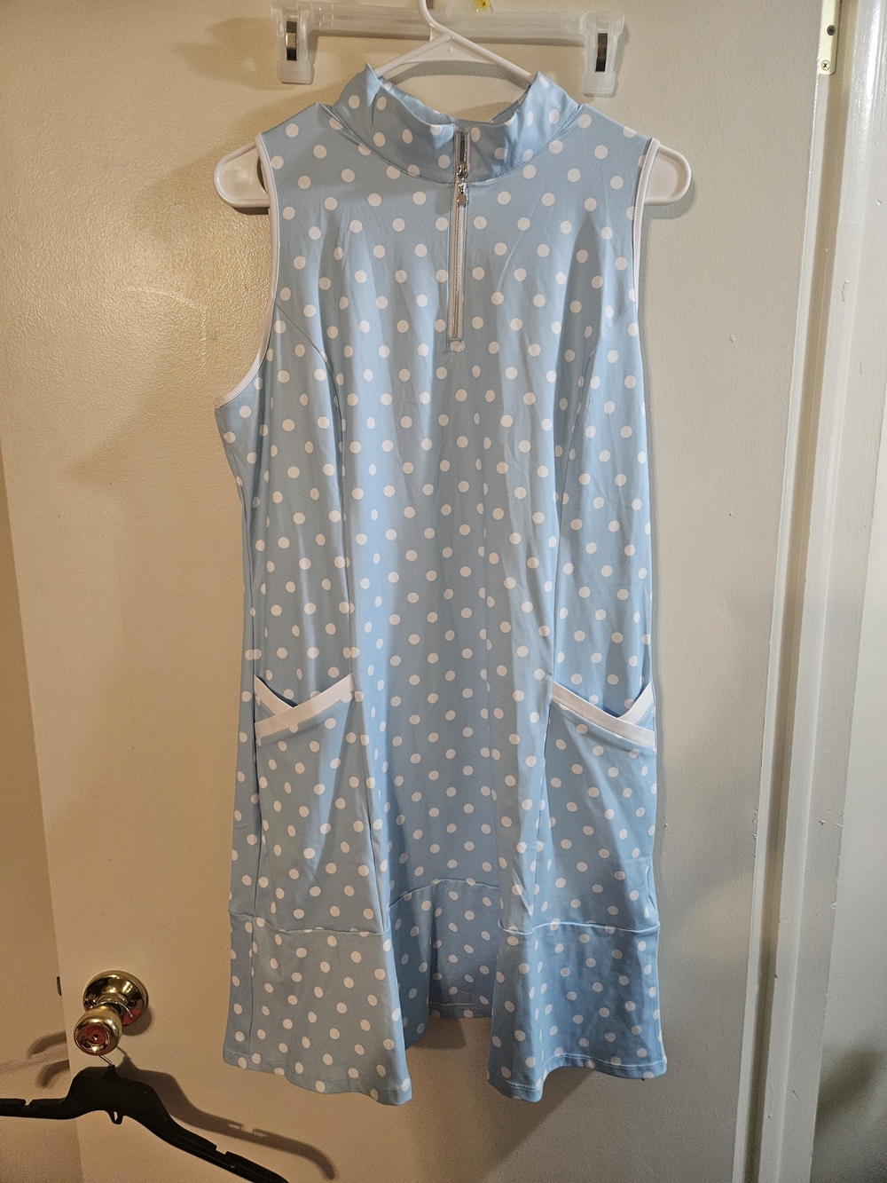 Light Blue Polka Dot Sleeveless Dress with Front Zip